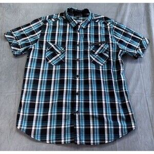Helix Short Sleeve Button Up Shirt Black White Teal Plaid Mens Size XXL Colorful